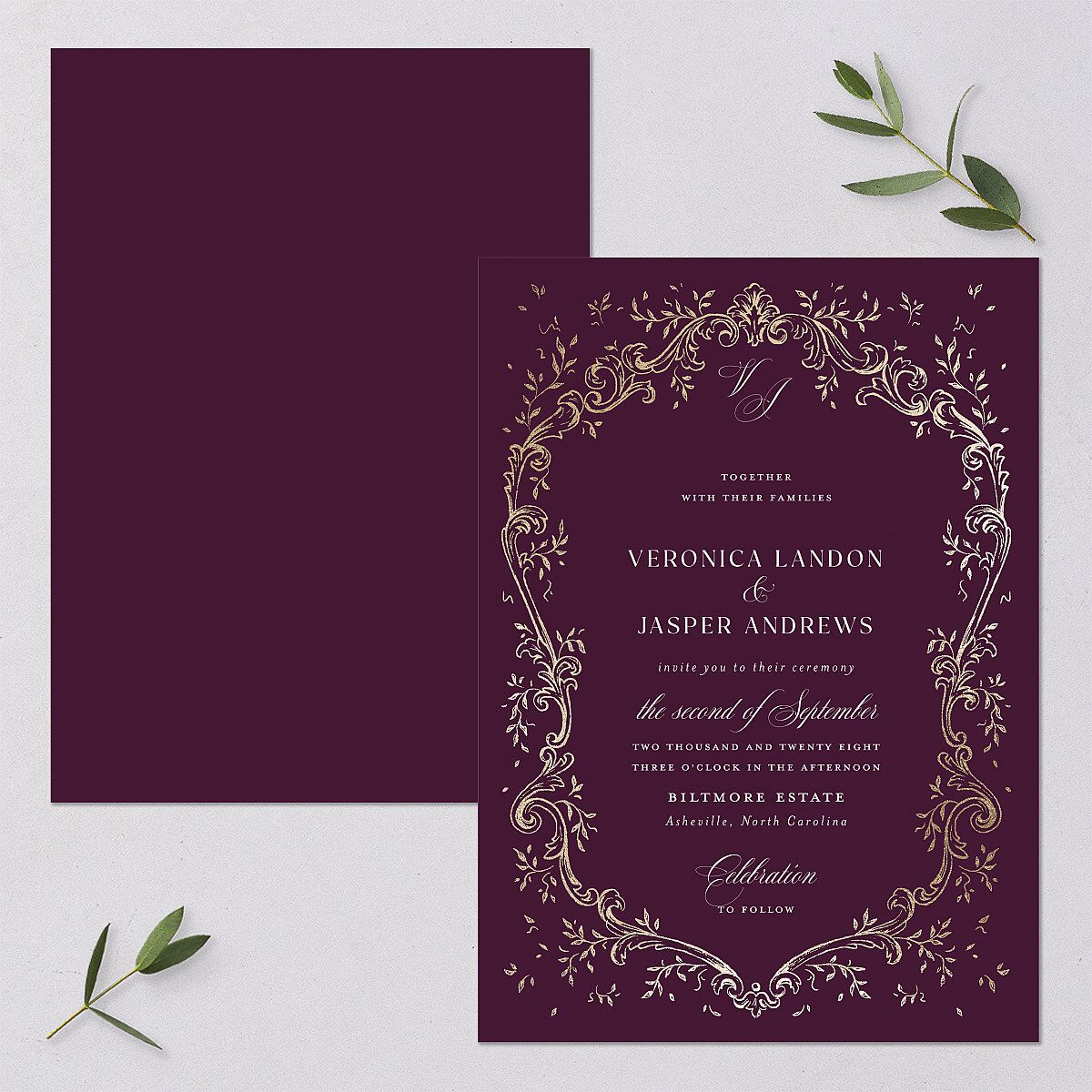Formal Opulent Frame Wedding Invitations Bordeaux Gold No Signature Blank
