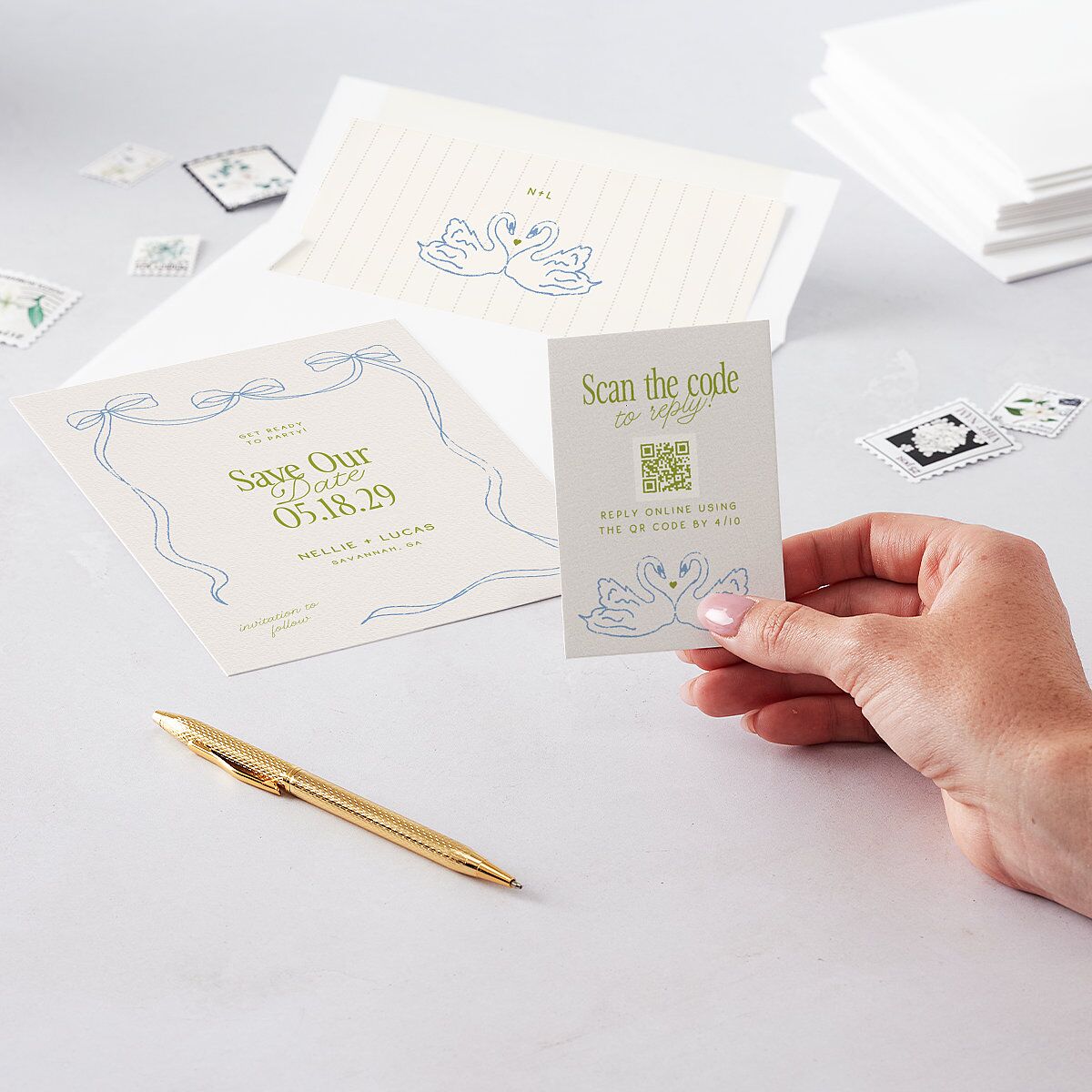 Modern Delicate Bows QR Code RSVP Cards Peridot Signature Standard