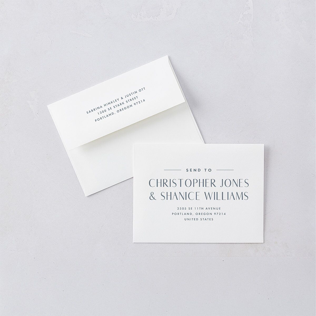 Destination Photo Poster Save the Date Petite Card Envelopes Dusty Blue White Both Recipient and Return Addresses Signature Standard