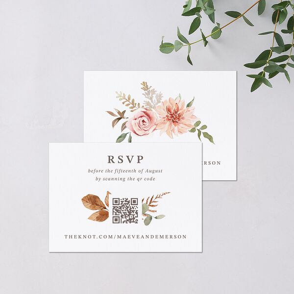 Elegant Botanical Autumn Floral QR Code RSVP Cards Soft Peach Signature Standard