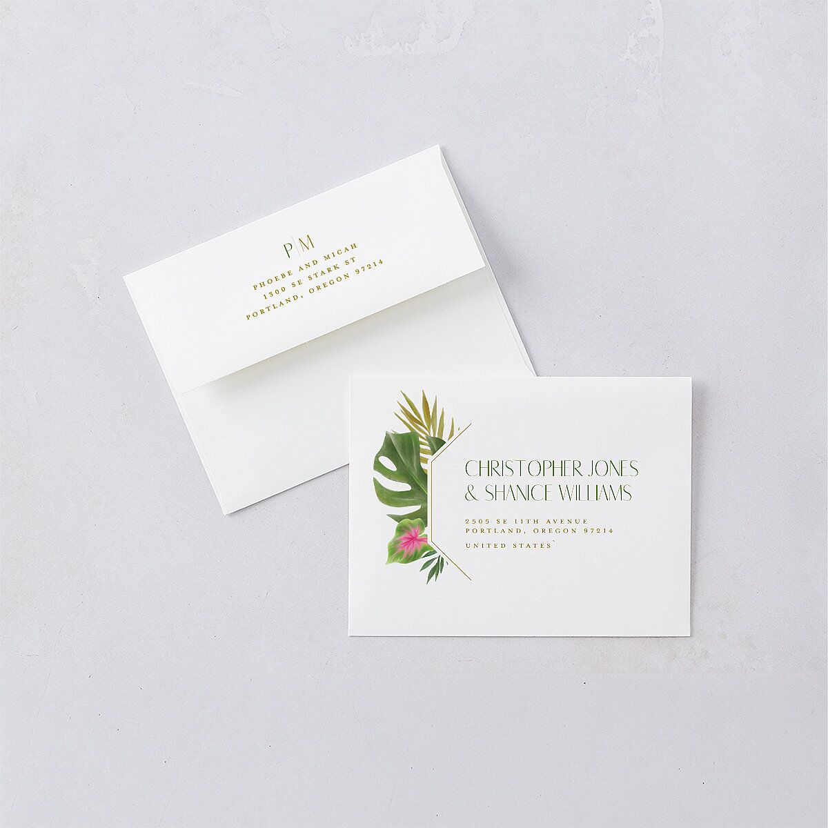 Hawaiian Tropical Monstera Frame Thank You Card Envelopes White Scottish Green Both Recipient and Return Addresses Signature Standard