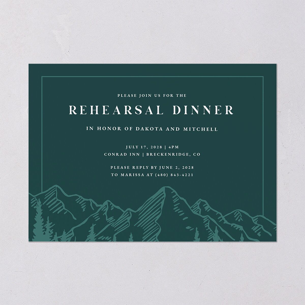 Mountain Escape Rehearsal Dinner Invitations Dark Emerald Signature Blank