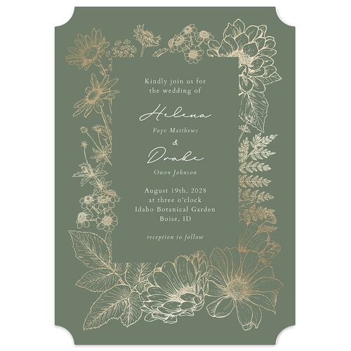 Rustic Botanical Foil Wedding Invitations Moss Gold Signature Blank No Ticket