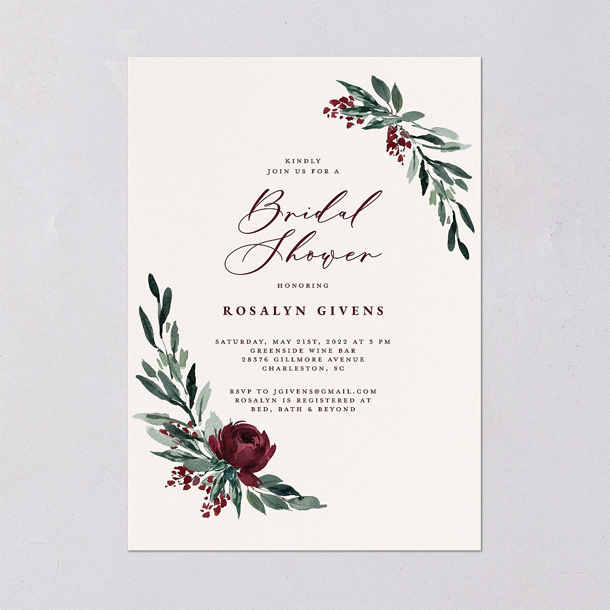 Gilded Botanical Bridal Shower invitations Burgundy Signature Blank Standard