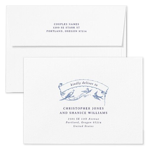 Vintage Toile Rehearsal Dinner Invitation Envelopes White Sapphire Both Recipient and Return Addresses Signature Standard