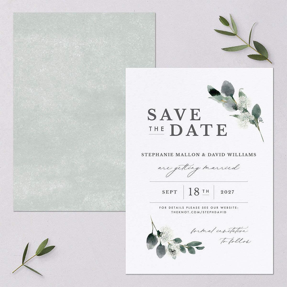 Elegant Greenery Save The Date Cards — view 1