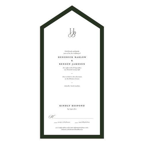 Refined Monogram All-in-One Wedding Invitations Dark Green Signature Light Both Recipient and Return Addresses No