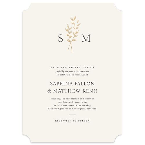 Elegant Botanical Initials Foil  Wedding Invitations Linen Gold Signature Blank No Ticket