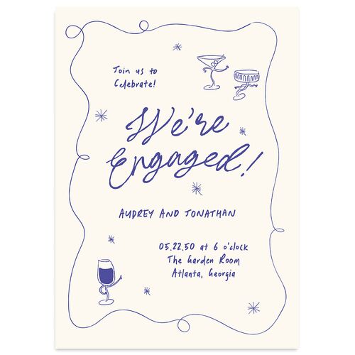 Whimsical Dancing Cocktails Engagement Party Invitations Sapphire Signature Blank Standard