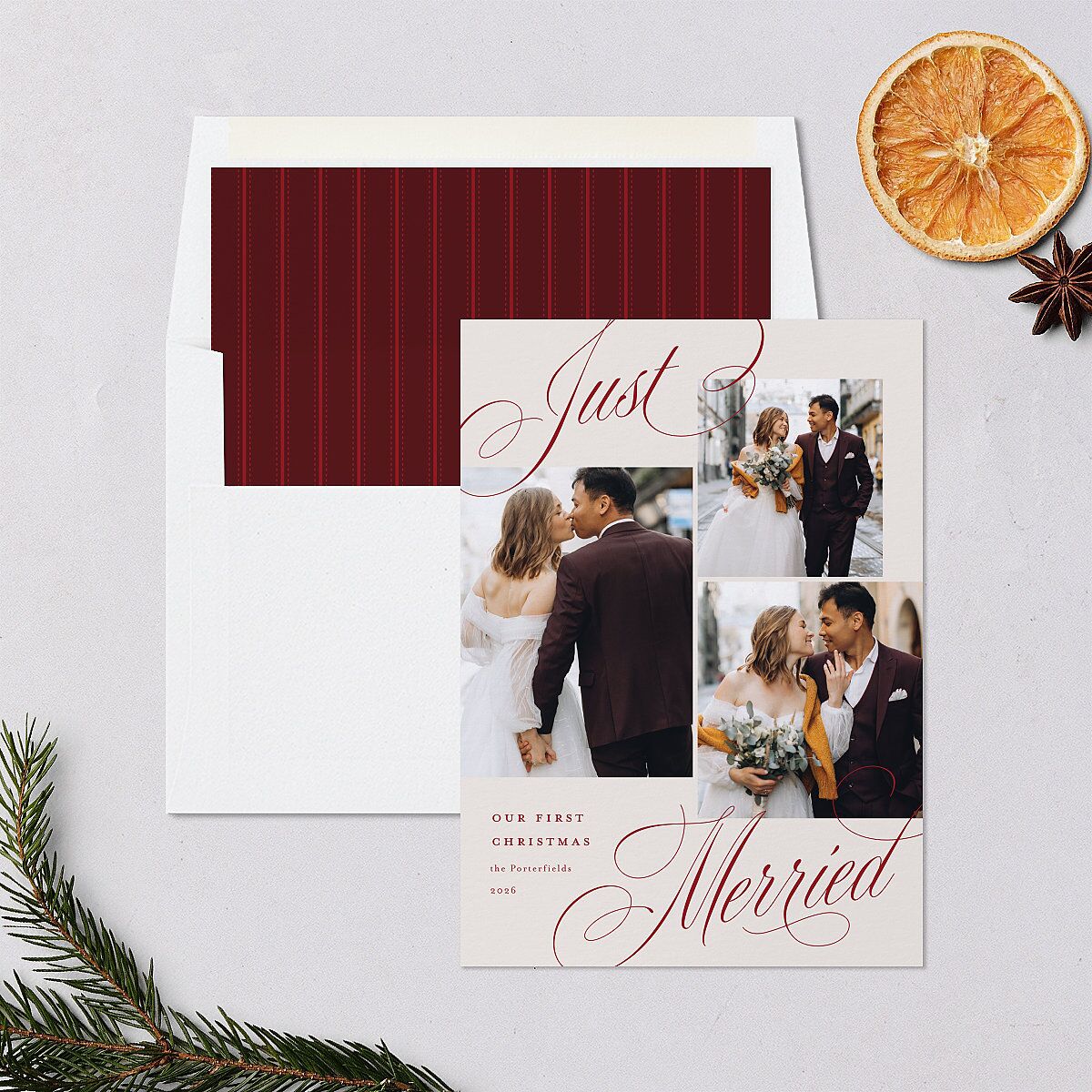 Classic Just Merried Script Holiday Cards Ruby Signature Blank Standard