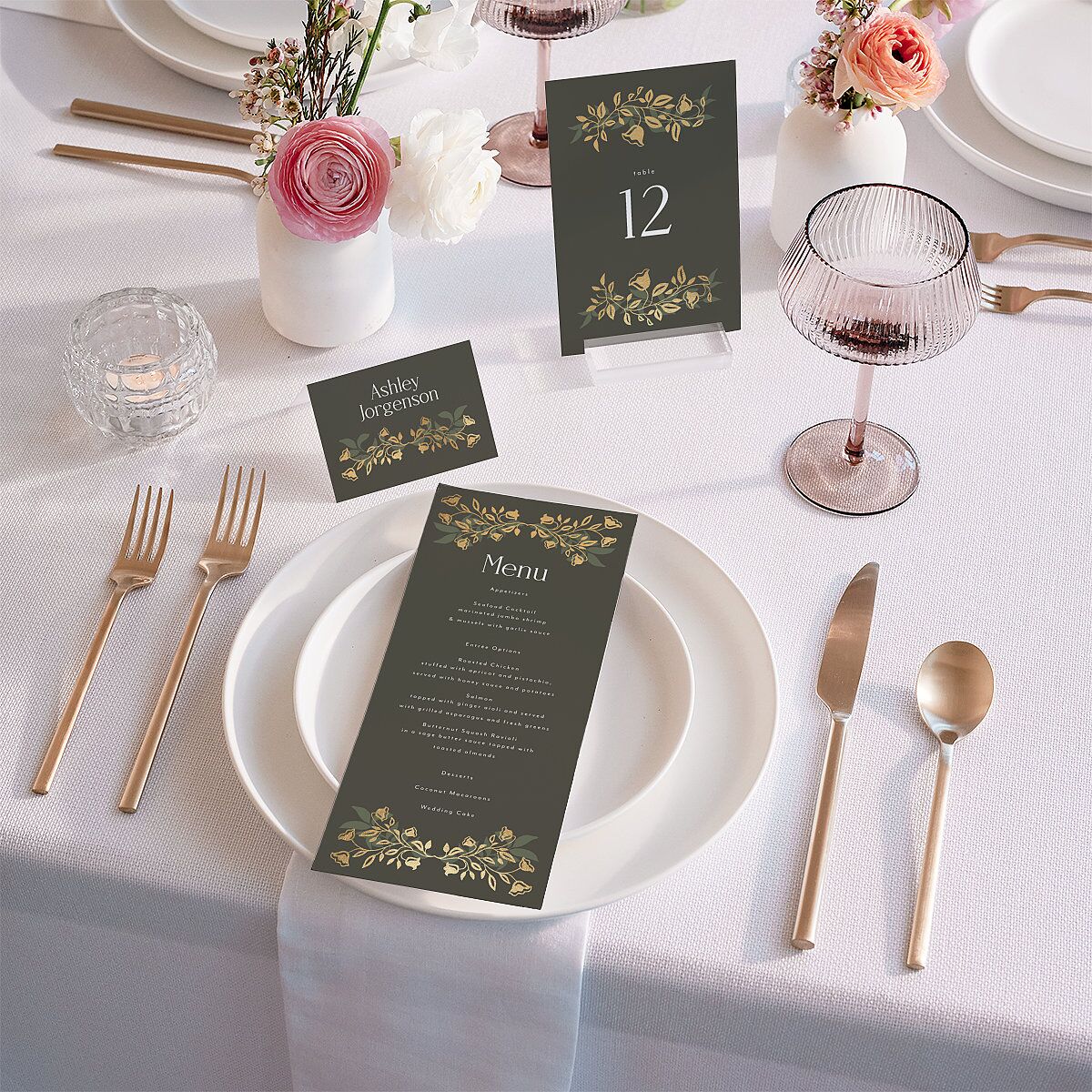 Rustic Nouveau Place Cards Gold Hunter Green Signature