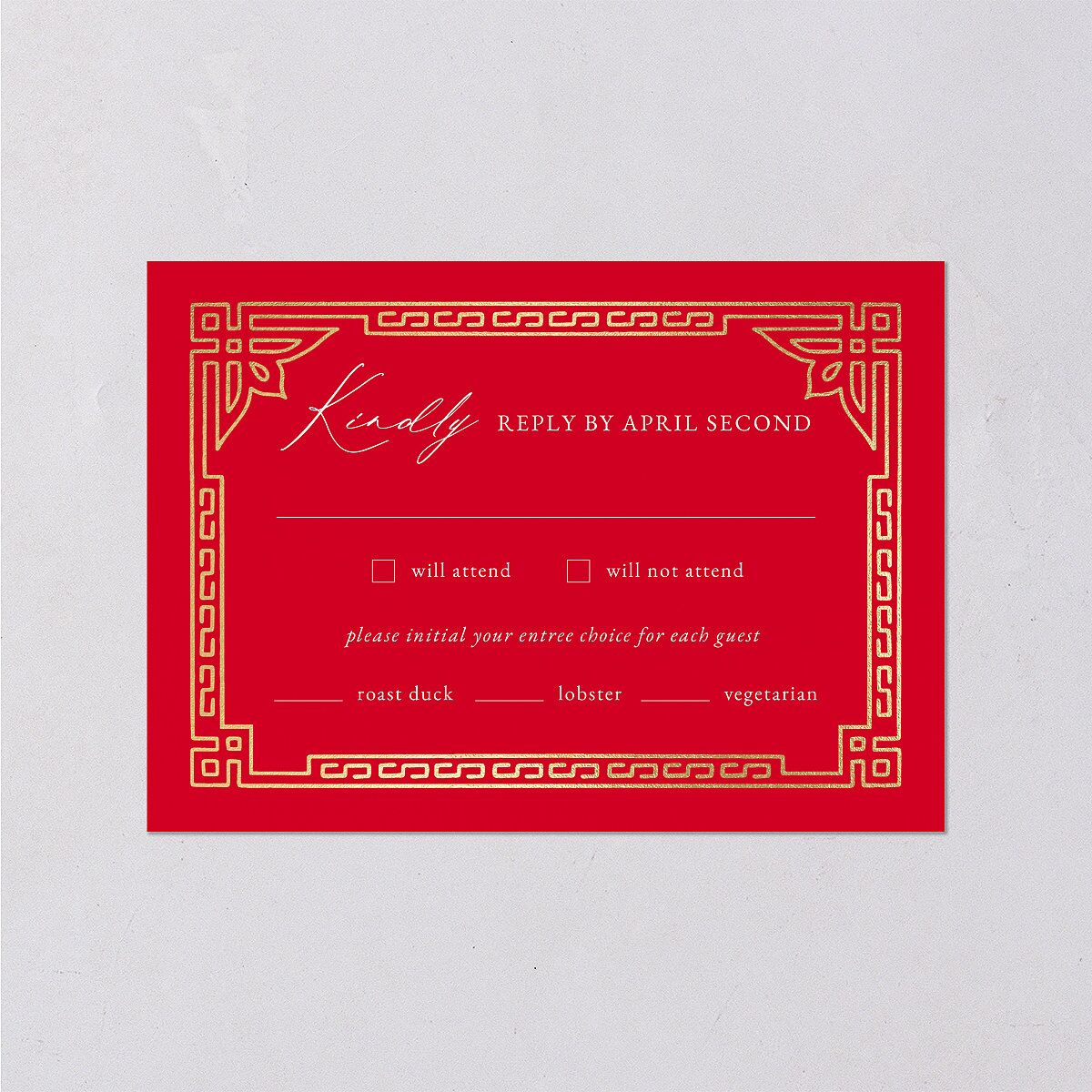 Chinese Double Happiness Wedding Response Cards Gold Scarlet Signature Standard