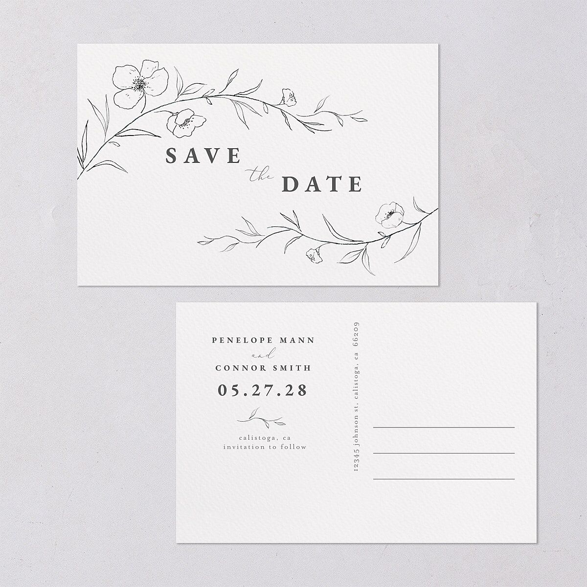 Graceful Botanical Save The Date Postcards Shadow Gray