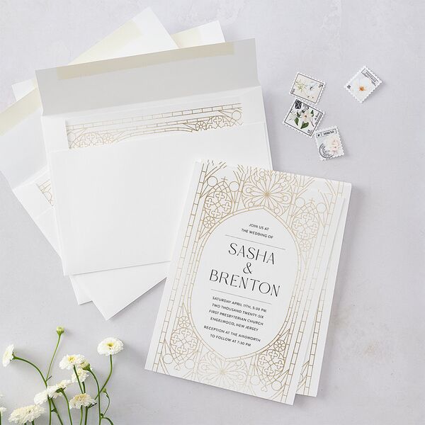 Chapel Arch Wedding Invitations Gold Pure White Signature Blank No Standard