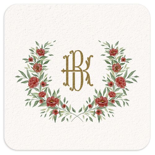 Luxury Floral Monogram Wedding Day Coasters Maroon Cardboard Soft Square