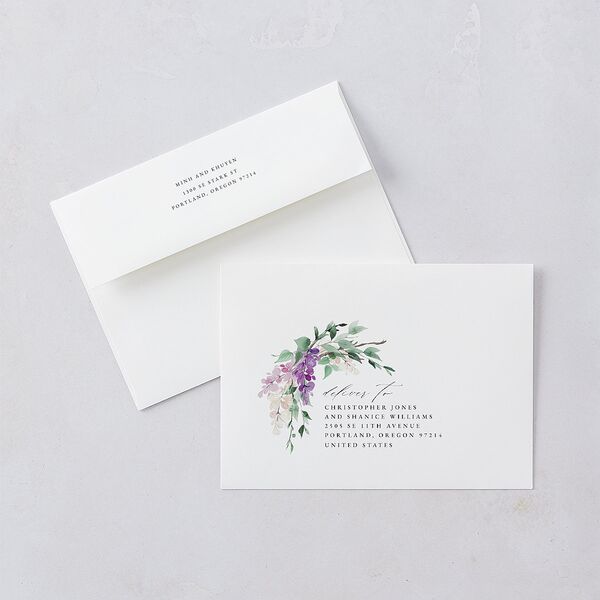 Romantic Wisteria Bridal Shower Invitation Envelopes White Purple Petal Both Recipient and Return Addresses Signature Standard