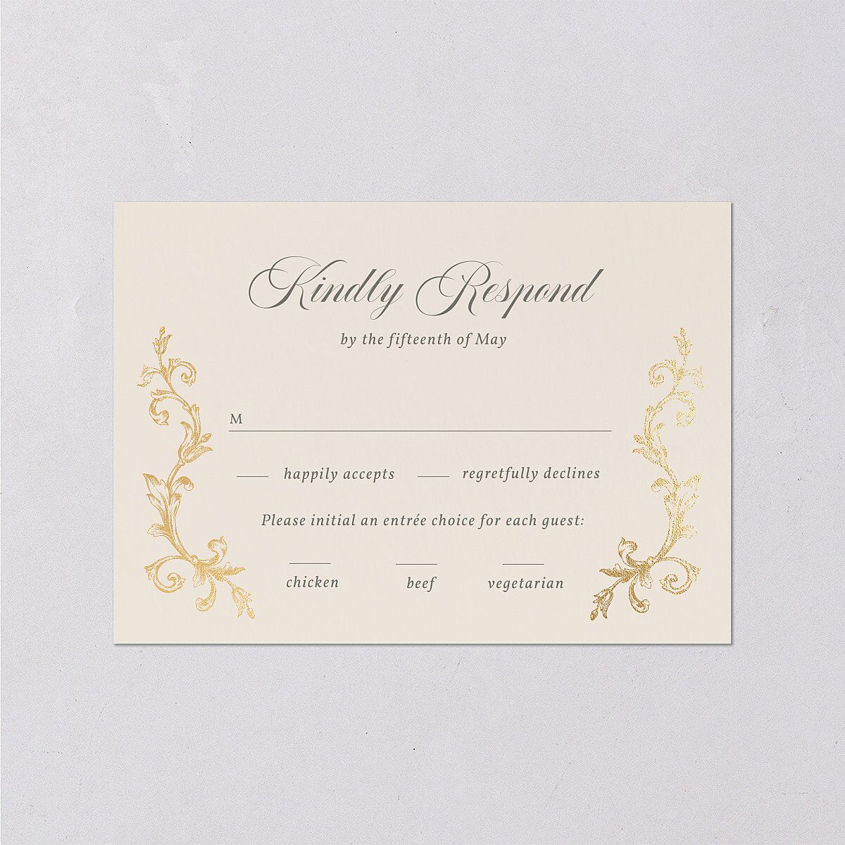 Vintage Regency Monogram Frame Foil Wedding Response Cards Champagne Gold Signature Standard