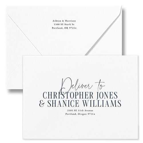 Timeless Lockup Save The Date Card Euro Envelopes White Regency Blue Both Recipient and Return Addresses Luxe