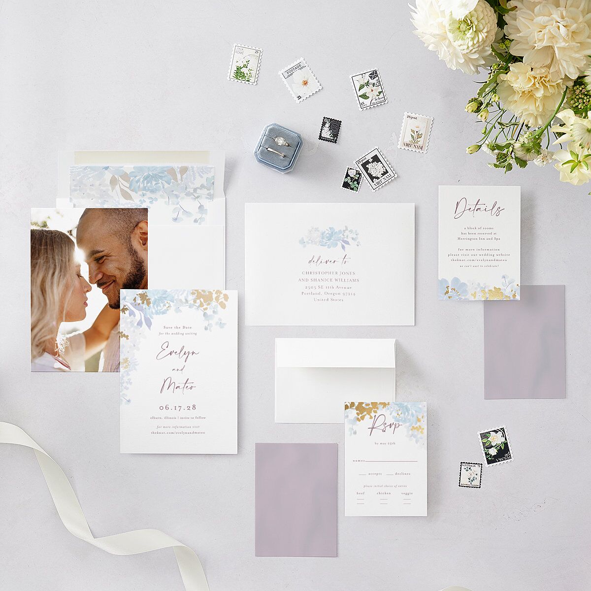 Hydrangea Garden Save The Date Cards Gold Slate Signature smooth Blank No Standard