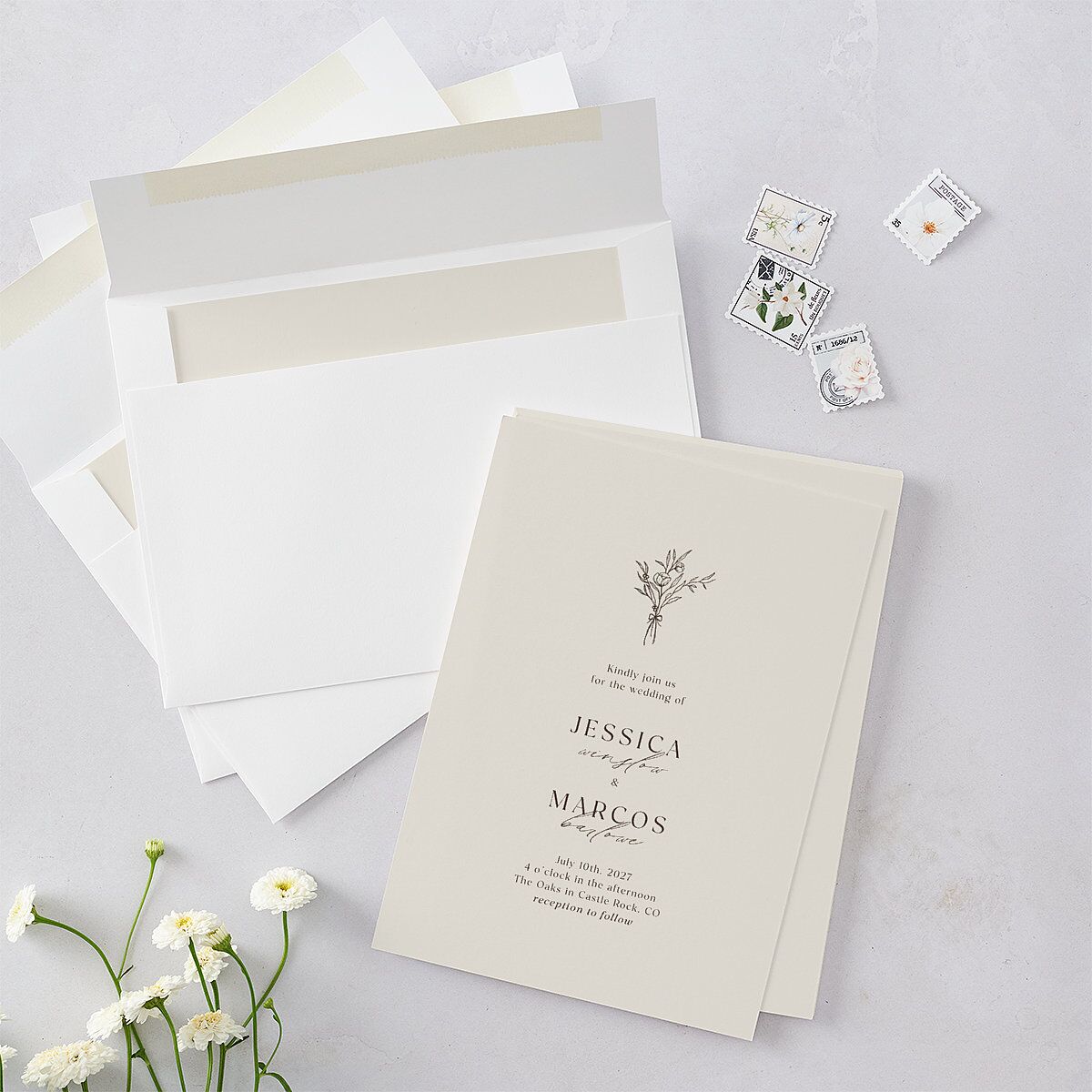 Simple Boho Flowers Wedding Invitations Champagne Signature Blank No Standard