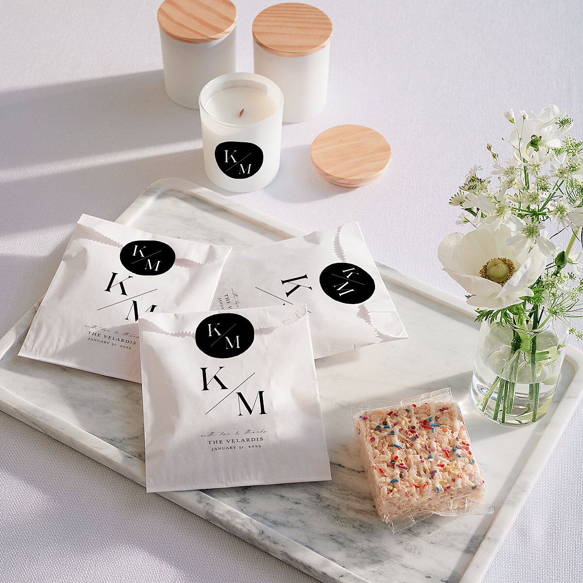 Monogram Slant Favor Bags White Licorice Wax-Lined Food Safe Paper