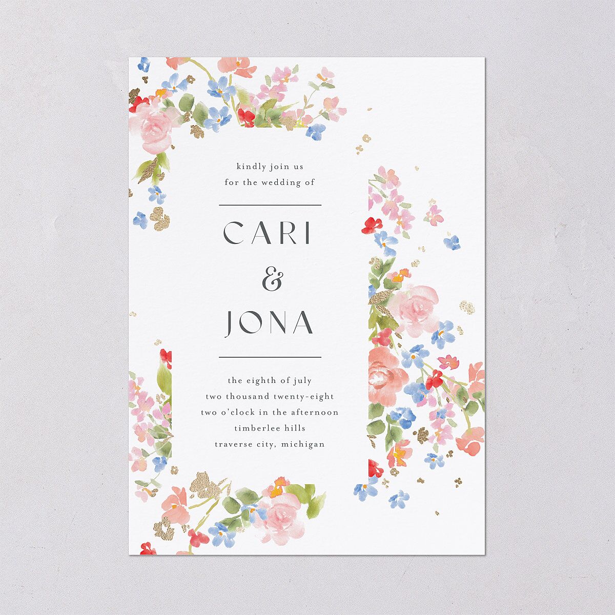 Scattered Blossoms Wedding Invitations Gold Pastel Blue Signature Blank No