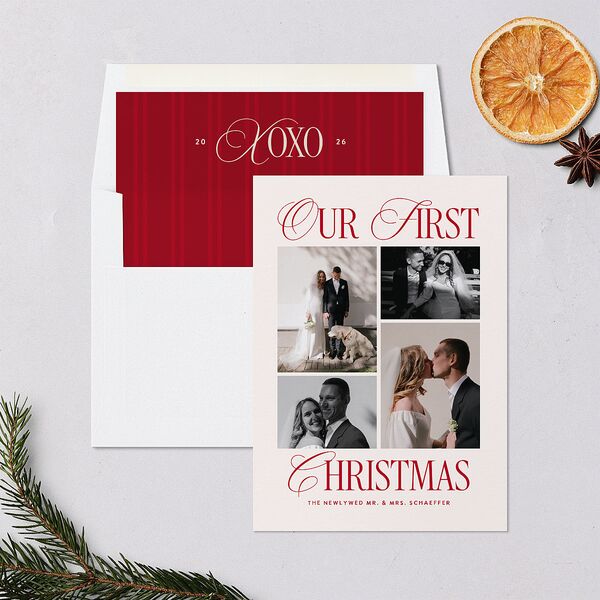 Classic Editorial First Christmas Photos Holiday Cards Merlot Signature Blank Standard