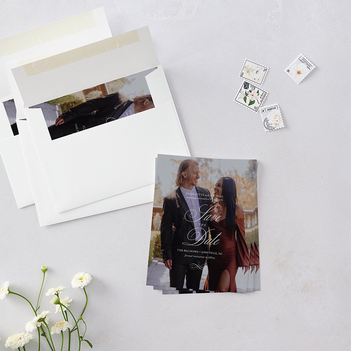 Classic Romantic Photo Save the Date Petite Cards Licorice Signature smooth Blank No Standard