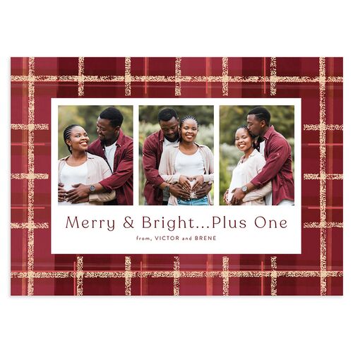 Merry and Bright Plus One Plaid Pattern Holiday Cards Burgundy Signature Blank Standard Portrait