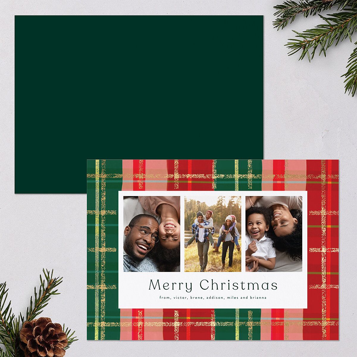Sparkling Plaid Holiday Cards Gold Dark Green Signature Blank Standard Landscape