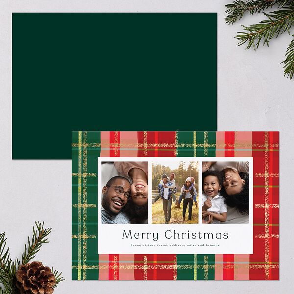 Sparkling Plaid Holiday Cards Gold Dark Green Signature Blank Standard Landscape