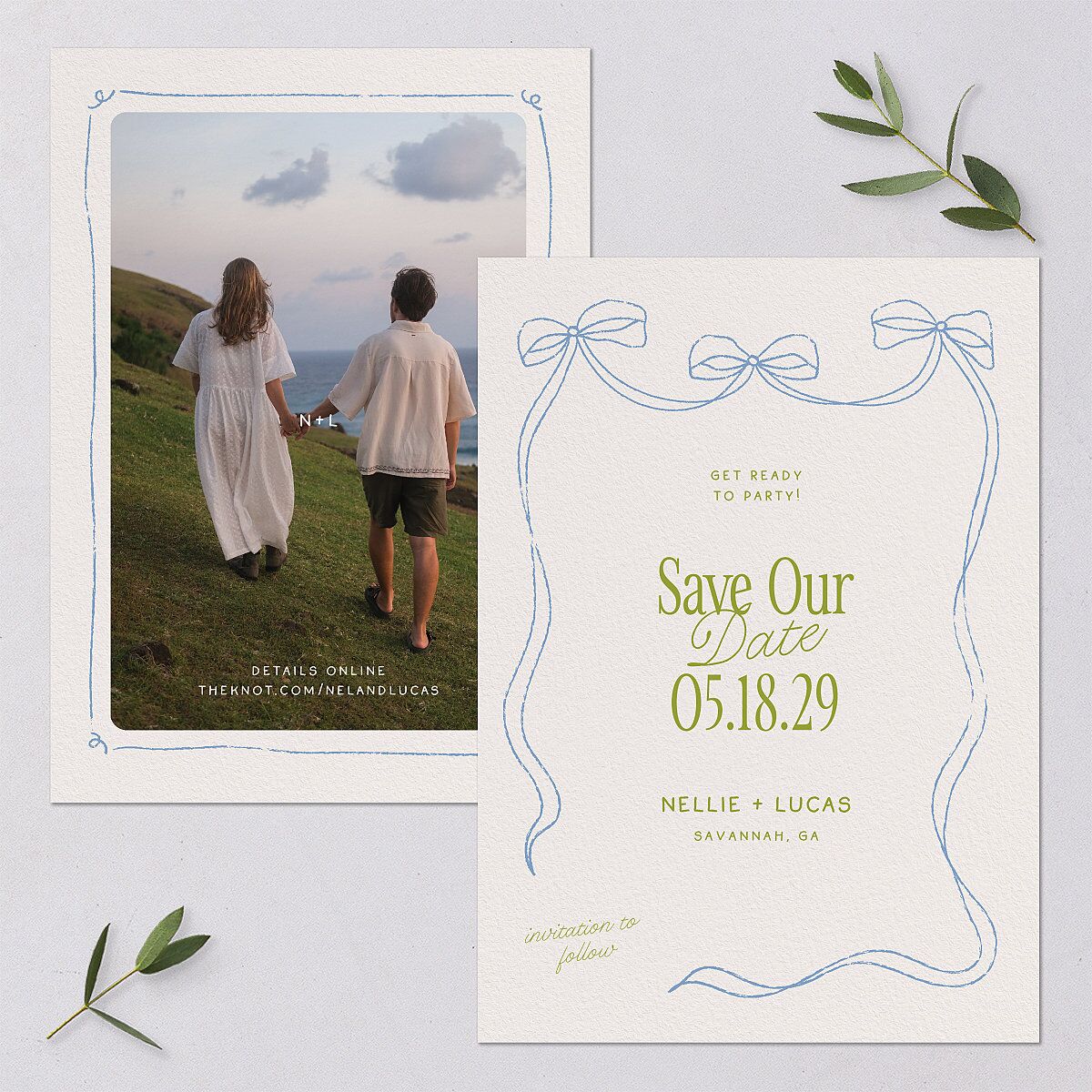 Modern Delicate Bows Save the Date Cards Peridot Signature smooth Blank No Standard