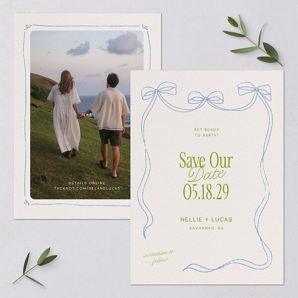 Modern Delicate Bows Save the Date Cards Peridot Signature smooth Blank No Standard