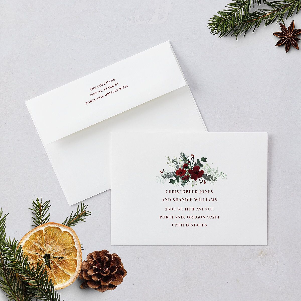 Holiday Floral Holiday Cards Maroon Signature Blank Landscape Standard