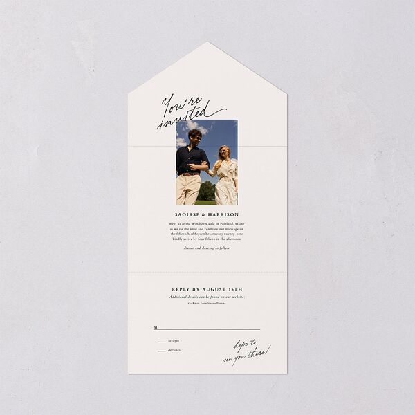 Elegant Editorial Page All-in-One Wedding Invitations Champagne Signature Light Both Recipient and Return Addresses No