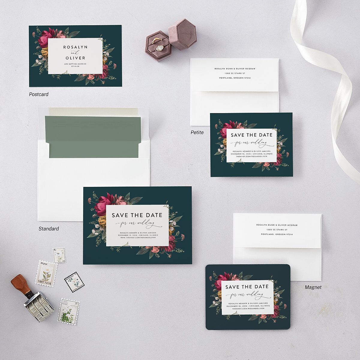 Blooming Botanical Save the Date Petite Cards Ink Blue Signature smooth Blank No Rounded