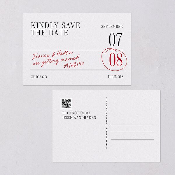 Modern Circled Calendar Date Save the Date Postcards Jewel Red