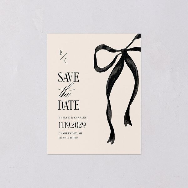 Whimsical Hand Drawn Bow Save the Date Petite Cards Linen Signature smooth Blank No Standard