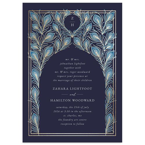 Peacock Nouveau Wedding Invitations Gold Navy Signature Blank No Standard