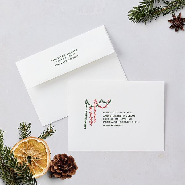 Happy Holidays Grid Pattern Photo Holiday Card Envelopes White Hunter Green Both Recipient and Return Addresses Standard Signature