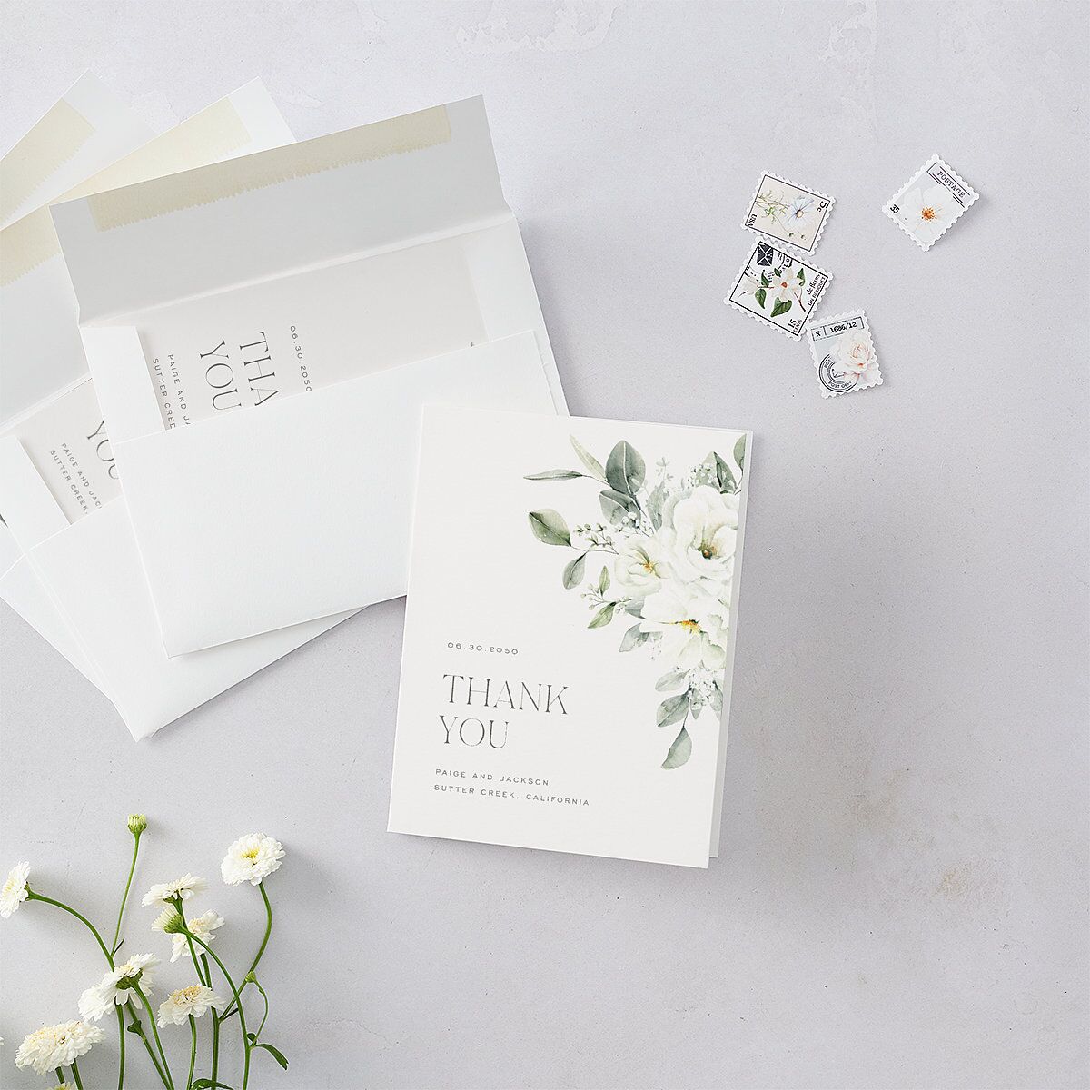 Elegant Pastel Floral Thank You Cards Pure White