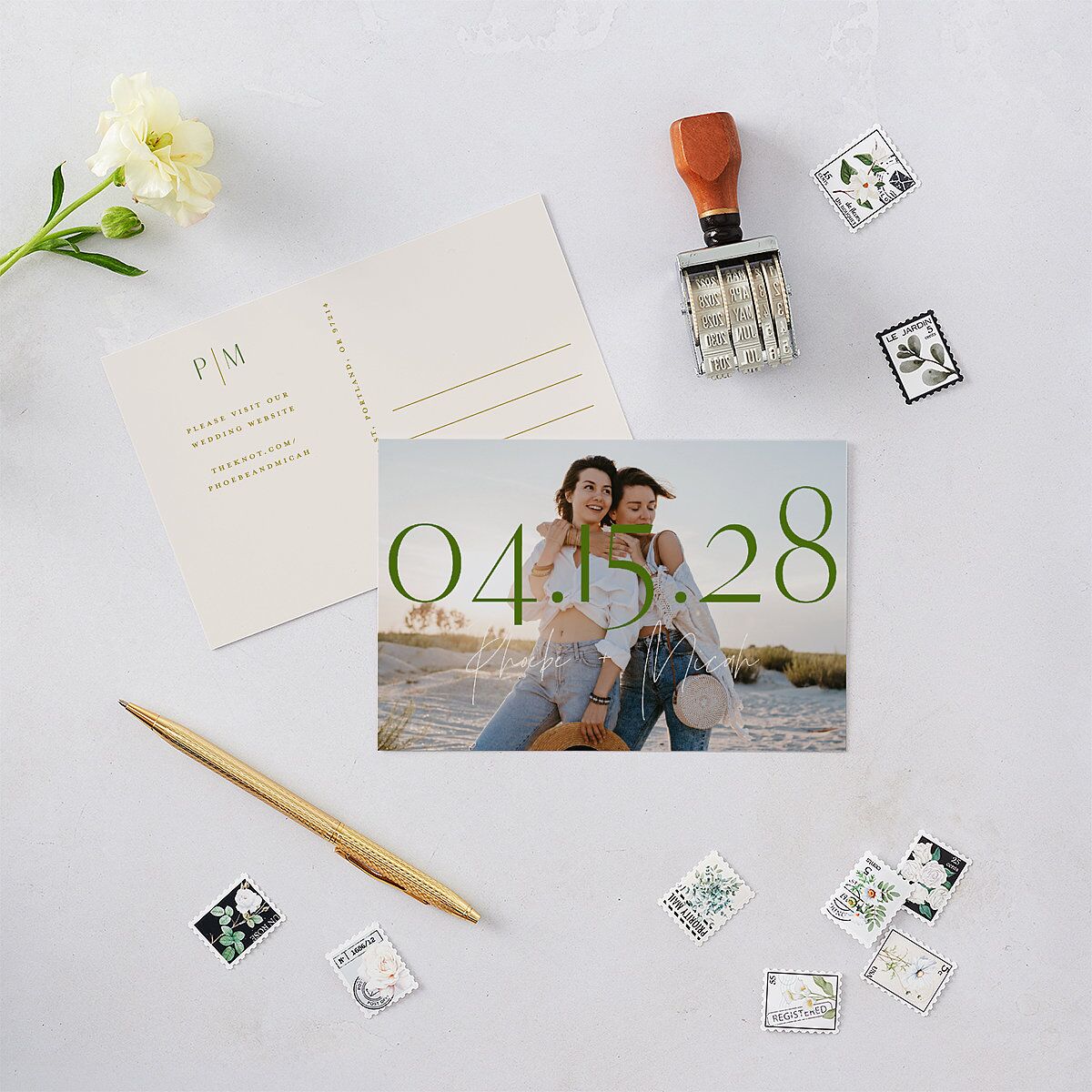 Hawaiian Tropical Monstera Frame Save the Date Postcards Scottish Green