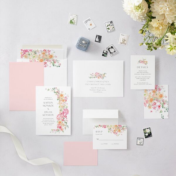 Pastel Flower Arch Foil Wedding Invitations Gold Pink Cotton Signature Blank No Standard