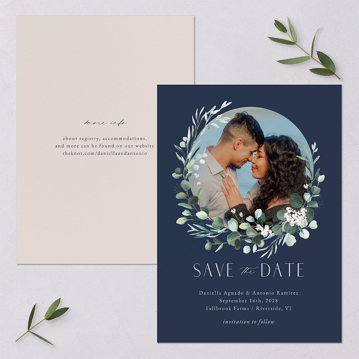 Eucalyptus Hoop Save the Date Cards Moody Blue Signature smooth Blank No Standard