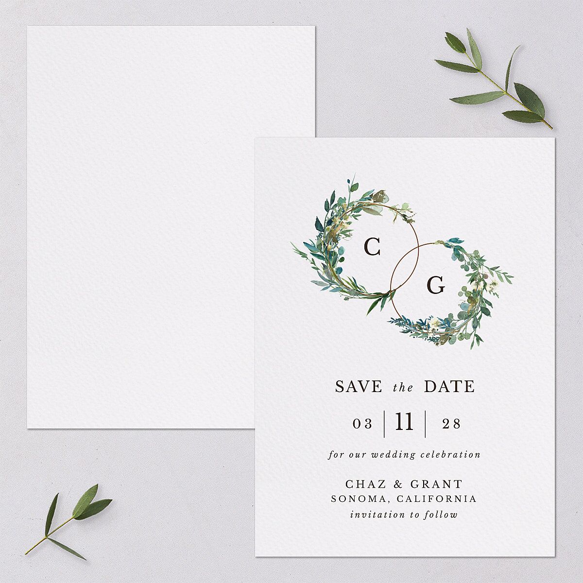 Leafy Hoops Save The Date Cards — view 1