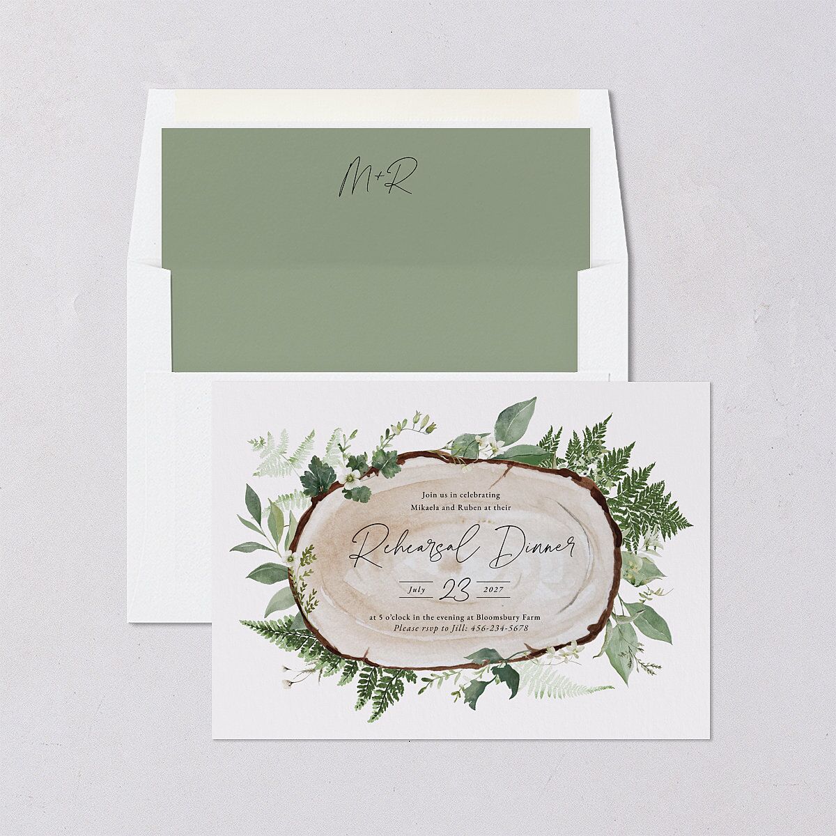Fairytale Woodgrain Slab Rehearsal Dinner Invitations Pure White Signature Blank Standard
