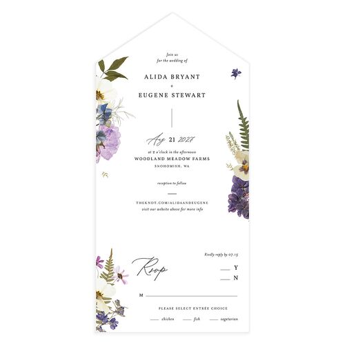 Pressed Flowers All-in-One Wedding Invitations Purple Petal Signature Light Both Recipient and Return Addresses No