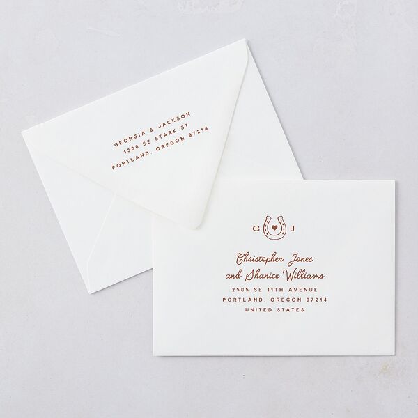 Western I Do BBQ Save The Date Card Euro Envelopes White Saddle Both Recipient and Return Addresses Luxe Signature