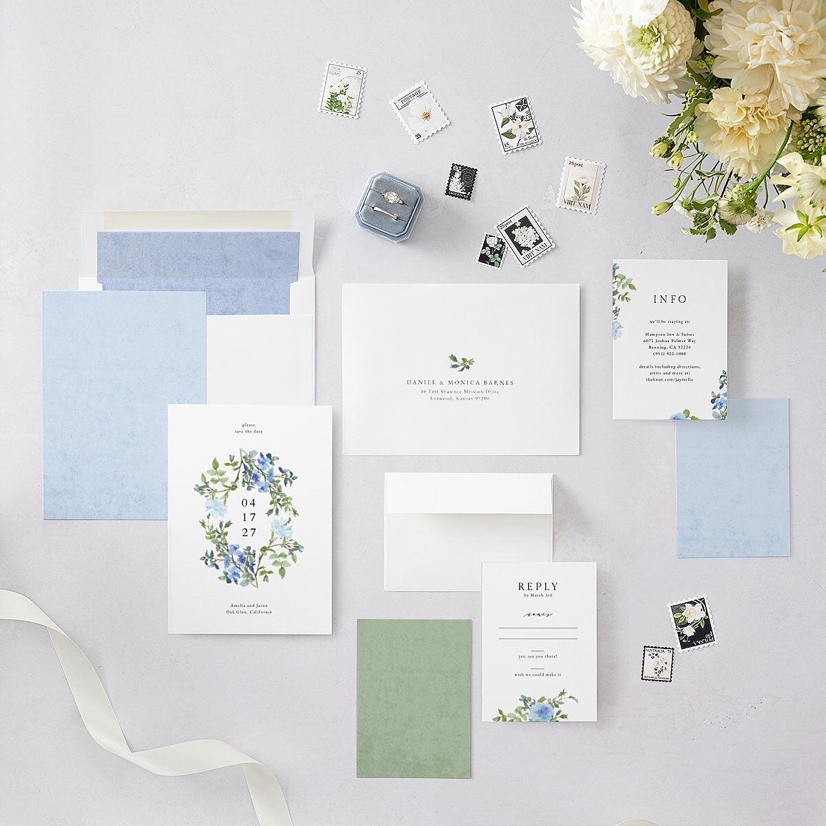 Minimal Floral Save The Date Cards Ocean Signature smooth Blank No Standard