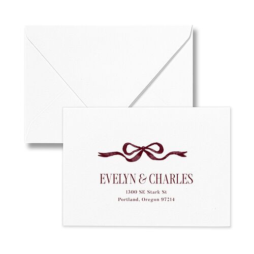 Whimsical Hand Drawn Bow Response Card Euro Envelopes White Burgundy Return Address Luxe
